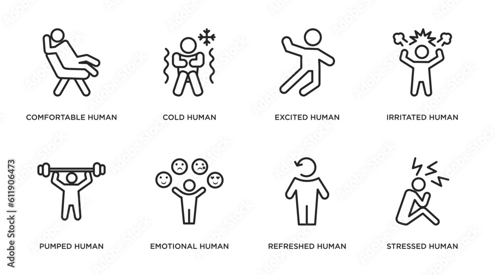 feelings outline icons set. thin line icons such as comfortable human, cold human, excited human, irritated pumped emotional refreshed stressed vector. feelings outline icons set. thin line icons such as comfortable human, cold human, excited human, irritated pumped emotional refreshed stressed vector.