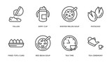 food outline icons set. thin line icons such as fallen, sippy cup, winter melon soup, pistachio, fried tofu curd balls, red bean soup, tea time, tea ceremony vector.