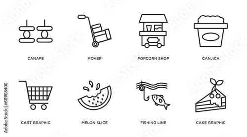 food outline icons set. thin line icons such as canape, mover, popcorn shop, canjica, cart graphic, melon slice, fishing line, cake graphic vector.