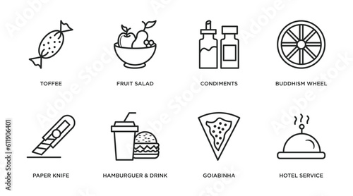 food outline icons set. thin line icons such as toffee, fruit salad, condiments, buddhism wheel, paper knife, hamburguer & drink, goiabinha, hotel service vector.