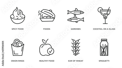 food outline icons set. thin line icons such as spicy food, foods, sardines, cocktail on a glass, onion rings, healthy food, ear of wheat, spaguetti vector.