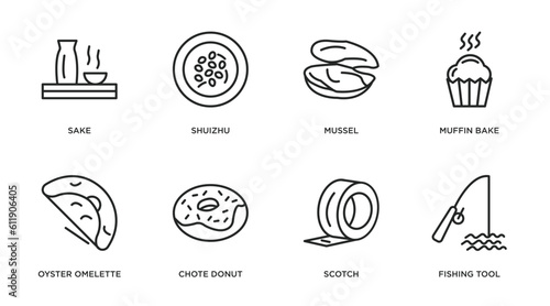 food outline icons set. thin line icons such as sake, shuizhu, mussel, muffin bake, oyster omelette, chote donut, scotch, fishing tool vector.