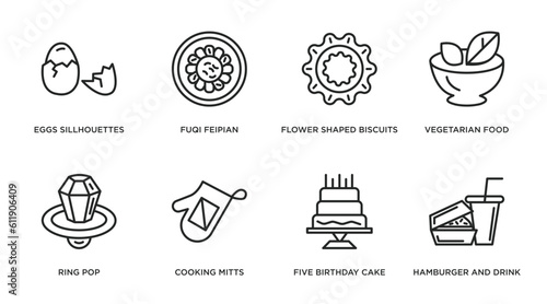 food outline icons set. thin line icons such as eggs sillhouettes, fuqi feipian, flower shaped biscuits, vegetarian food, ring pop, cooking mitts, five birthday cake, hamburger and drink vector.