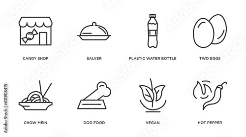food outline icons set. thin line icons such as candy shop, salver, plastic water bottle, two eggs, chow mein, dog food, vegan, hot pepper vector.