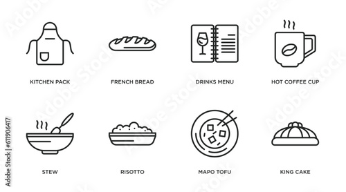 food outline icons set. thin line icons such as kitchen pack, french bread, drinks menu, hot coffee cup, stew, risotto, mapo tofu, king cake vector.