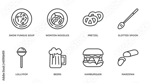 food outline icons set. thin line icons such as snow fungus soup, wonton noodles, pretzel, slotted spoon, lollypop, beers, hamburguer, marzipan vector.