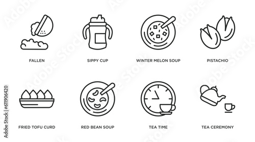 food outline icons set. thin line icons such as fallen, sippy cup, winter melon soup, pistachio, fried tofu curd balls, red bean soup, tea time, tea ceremony vector.