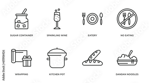 food outline icons set. thin line icons such as sugar container, sparkling wine, eatery, no eating, wrapping, kitchen pot, , dandan noodles vector.