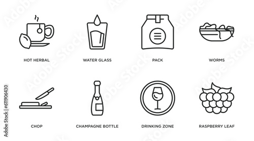 food outline icons set. thin line icons such as hot herbal, water glass, pack, worms, chop, champagne bottle, drinking zone, raspberry leaf vector.