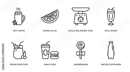 food outline icons set. thin line icons such as hot chote, lemon slice, scale balanced tool, milk shake, fresh smoothie, junk food, jawbreaker, water container vector.