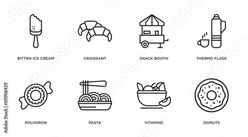 food outline icons set. thin line icons such as bitten ice cream, croissant, snack booth, thermo flask, polvoron, pasta, vitamins, donuts vector.