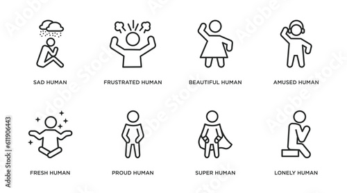 feelings outline icons set. thin line icons such as sad human, frustrated human, beautiful human, amused fresh proud super lonely vector.