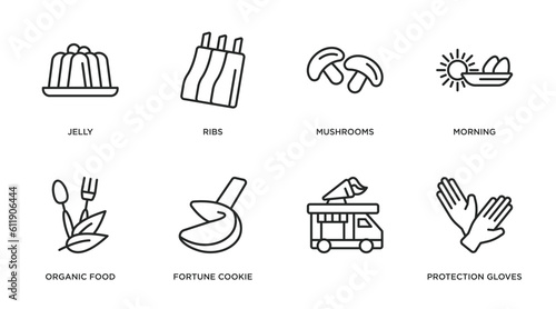 food outline icons set. thin line icons such as jelly, ribs, mushrooms, morning, organic food, fortune cookie, , protection gloves vector.