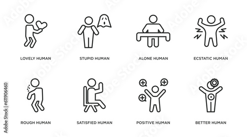 feelings outline icons set. thin line icons such as lovely human, stupid human, alone human, ecstatic rough satisfied positive better vector.