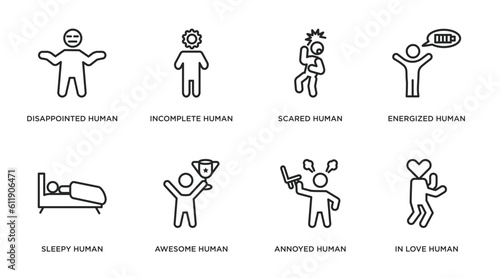 feelings outline icons set. thin line icons such as disappointed human, incomplete human, scared human, energized sleepy awesome annoyed in love vector.
