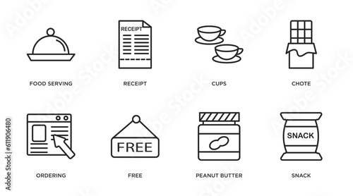 fast food outline icons set. thin line icons such as food serving, receipt, cups, chote, ordering, free, peanut butter, snack vector.
