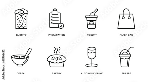 fast food outline icons set. thin line icons such as burrito, preparation, yogurt, paper bag, cereal, bakery, alcoholic drink, frappe vector.