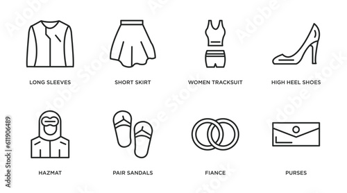 fashion outline icons set. thin line icons such as long sleeves, short skirt, women tracksuit, high heel shoes, hazmat, pair sandals, fiance, purses vector.