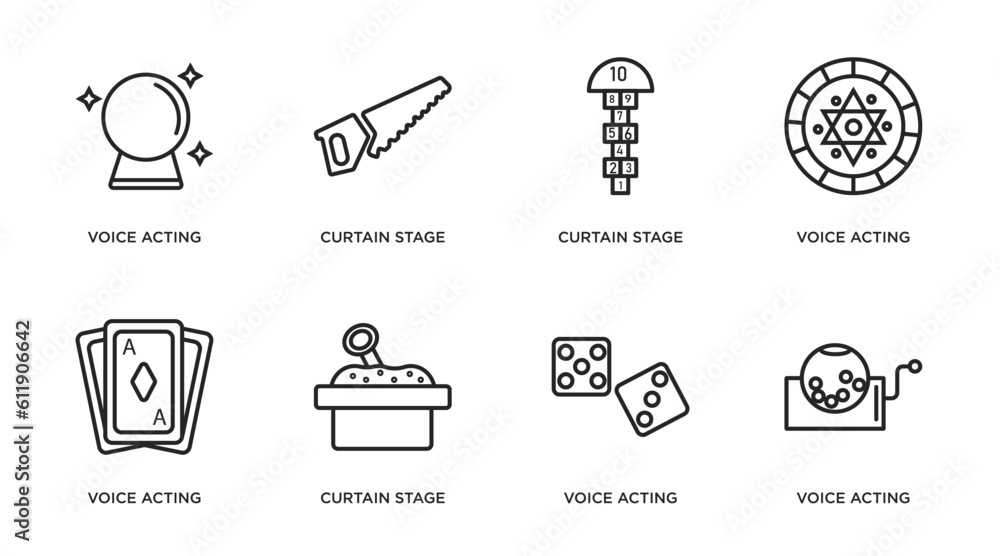 arcade outline icons set. thin line icons such as voice acting, curtain stage, curtain stage, voice acting, voice acting, curtain stage, vector.
