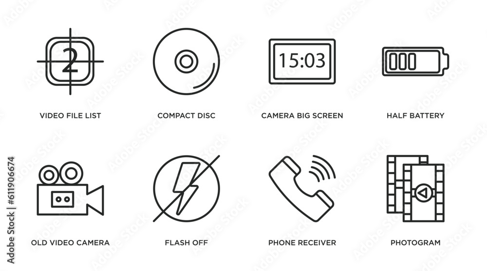 electronic stuff fill outline icons set. thin line icons such as video file list, compact disc, camera big screen size, half battery, old video camera, flash off, phone receiver, photogram vector. electronic stuff fill outline icons set. thin line icons such as video file list, compact disc, camera big screen size, half battery, old video camera, flash off, phone receiver, photogram vector.