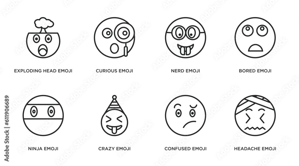 emoji outline icons set. thin line icons such as exploding head emoji, curious emoji, nerd bored ninja crazy confused headache vector. emoji outline icons set. thin line icons such as exploding head emoji, curious emoji, nerd bored ninja crazy confused headache vector.