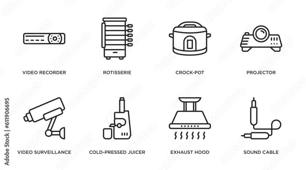 electronic devices outline icons set. thin line icons such as video recorder, rotisserie, crock-pot, projector, video surveillance, cold-pressed juicer, exhaust hood, sound cable vector. electronic devices outline icons set. thin line icons such as video recorder, rotisserie, crock-pot, projector, video surveillance, cold-pressed juicer, exhaust hood, sound cable vector.
