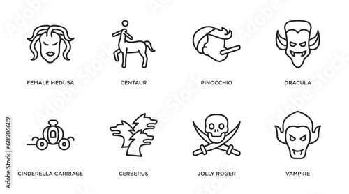 fairy tale outline icons set. thin line icons such as female medusa, centaur, pinocchio, dracula, cinderella carriage, cerberus, jolly roger, vampire vector.