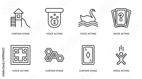 arcade outline icons set. thin line icons such as curtain stage, voice acting, voice acting, voice acting, curtain stage, curtain stage, vector.