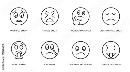 emoji outline icons set. thin line icons such as worried emoji, stress emoji, wondering disappointed vomit cry slightly frowning tongue out vector.