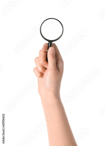 Female hand with mini magnifier isolated on white background
