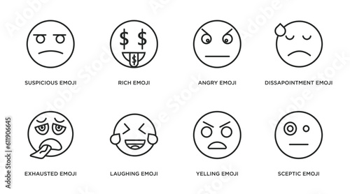 emoji outline icons set. thin line icons such as suspicious emoji, rich emoji, angry dissapointment exhausted laughing yelling sceptic vector.