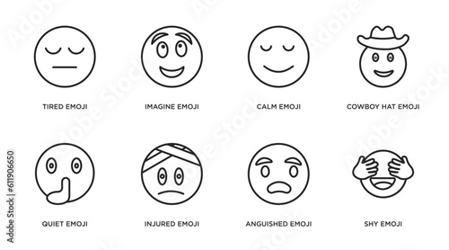 emoji outline icons set. thin line icons such as tired emoji, imagine emoji, calm cowboy hat quiet injured anguished shy vector.