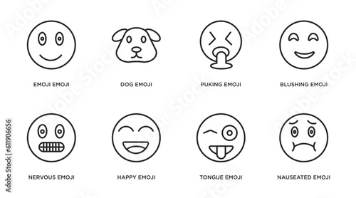 emoji outline icons set. thin line icons such as emoji emoji, dog puking blushing nervous happy tongue nauseated vector.