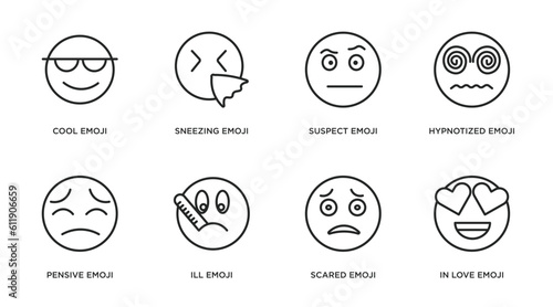 emoji outline icons set. thin line icons such as cool emoji, sneezing emoji, suspect hypnotized pensive ill scared in love vector.