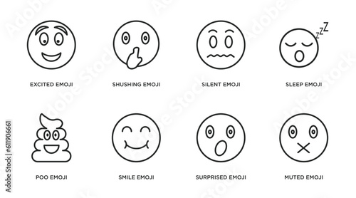 emoji outline icons set. thin line icons such as excited emoji, shushing emoji, silent sleep poo smile surprised muted vector.