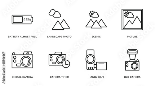 electronic stuff fill outline icons set. thin line icons such as battery almost full, landscape photo, scenic, picture, digital camera, camera timer, handy cam, old camera vector.