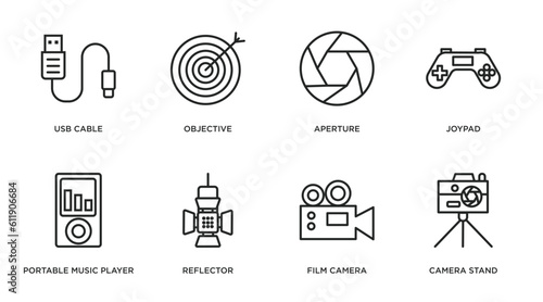 electronic stuff fill outline icons set. thin line icons such as usb cable, objective, aperture, joypad, portable music player, reflector, film camera, camera stand vector.