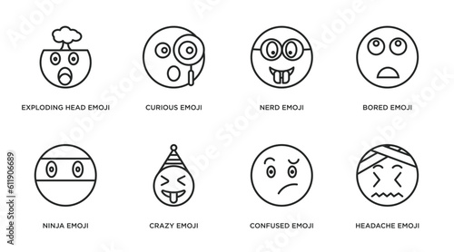 emoji outline icons set. thin line icons such as exploding head emoji, curious emoji, nerd bored ninja crazy confused headache vector.