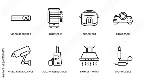 electronic devices outline icons set. thin line icons such as video recorder, rotisserie, crock-pot, projector, video surveillance, cold-pressed juicer, exhaust hood, sound cable vector.