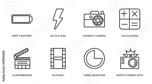 electronic stuff fill outline icons set. thin line icons such as empty battery, blitz flash, compact camera, calculating, clapperboard, film roll, three quarters, photo camera with flash vector.