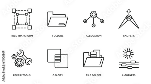 edit tools outline icons set. thin line icons such as free transform, folders, allocation, calipers, repair tools, opacity, file folder, lightness vector.