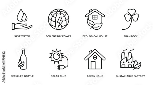 ecology outline icons set. thin line icons such as save water, eco energy power, ecological house, shamrock, recycled bottle, solar plug, green home, sustainable factory vector.