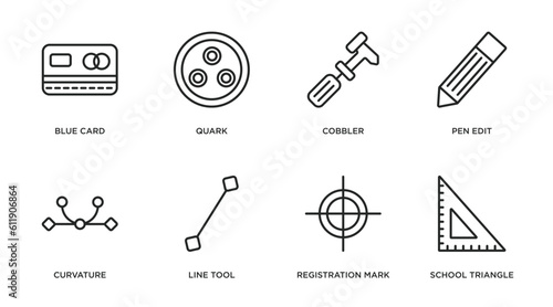 edit tools outline icons set. thin line icons such as blue card, quark, cobbler, pen edit, curvature, line tool, registration mark, school triangle vector.