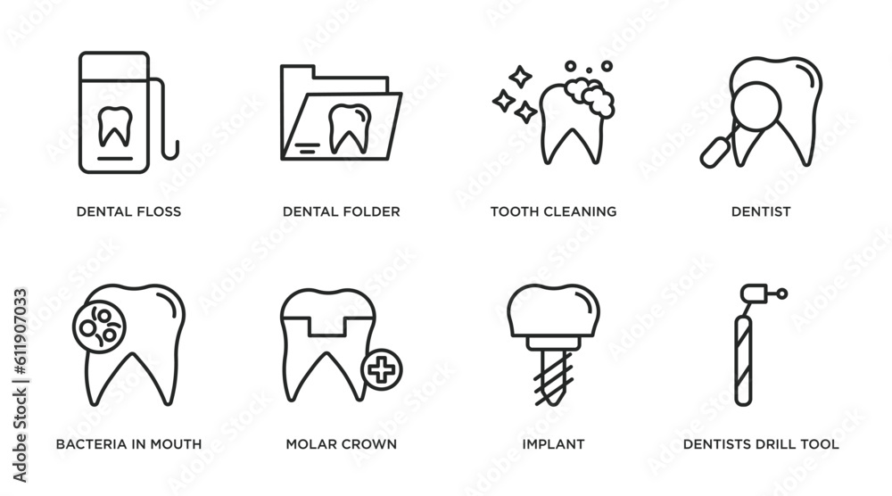 dentist outline icons set. thin line icons such as dental floss, dental folder, tooth cleaning, dentist, bacteria in mouth, molar crown, implant, dentists drill tool vector. dentist outline icons set. thin line icons such as dental floss, dental folder, tooth cleaning, dentist, bacteria in mouth, molar crown, implant, dentists drill tool vector.