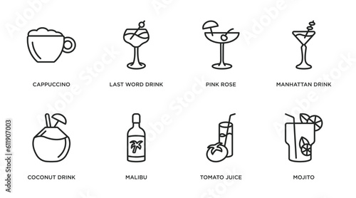 drinks outline icons set. thin line icons such as cappuccino, last word drink, pink rose, manhattan drink, coconut drink, malibu, tomato juice, mojito vector.