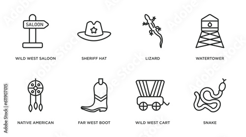 desert outline icons set. thin line icons such as wild west saloon, sheriff hat, lizard, watertower, native american, far west boot, wild west cart, snake vector. photo
