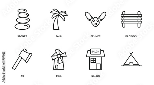 desert outline icons set. thin line icons such as stones, palm, fennec, paddock, ax, mill, salon, vector.