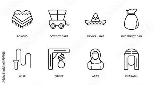 desert outline icons set. thin line icons such as poncho, cowboy cart, mexican hat, old money bag, whip, gibbet, arab, pharaoh vector.
