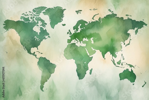 Watercolor vintage world map in green colors background