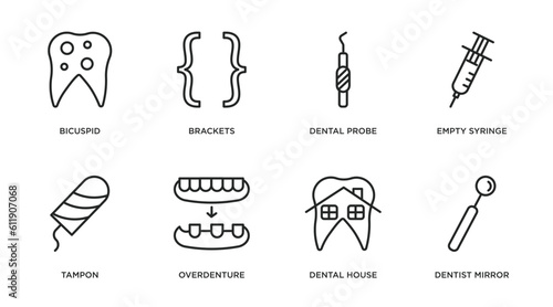 dentist outline icons set. thin line icons such as bicuspid, brackets, dental probe, empty syringe, tampon, overdenture, dental house, dentist mirror vector.
